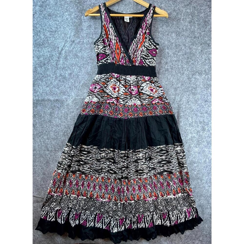 Papillon Dress Small Pink Black Pleated Abstract Boho Dark Classic Surplice Neck